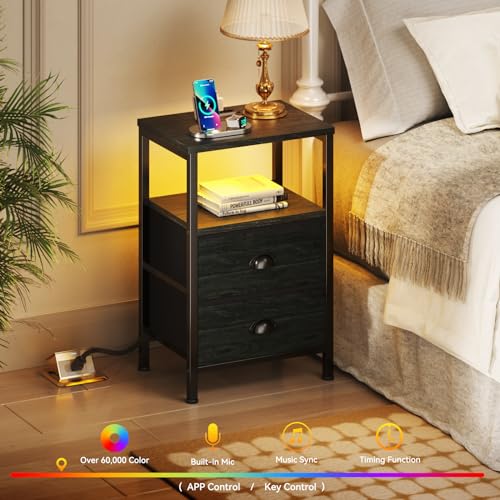 Furologee Black Oak Nightstand Set of 2 with LED Lights & Charging Stations