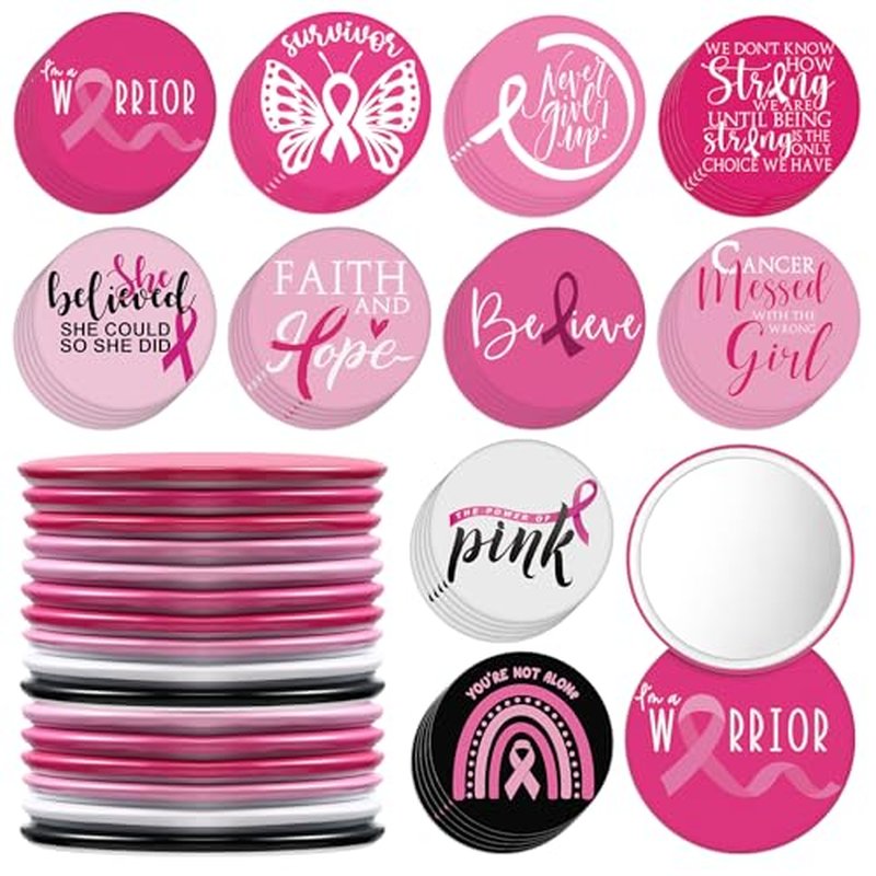 200 Pcs Breast Cancer Awareness Gifts Pocket Mirror Bulk Portable Travel Mirrors Pink Ribbon Breast Survivor Compact Mirror for Charity Women Public School Events Supplies (Inspirational)