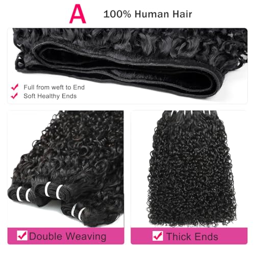Natural Color Pixie Curly Human Hair Bundles 14 Inch Water Wave Textured Extensions - Black Women