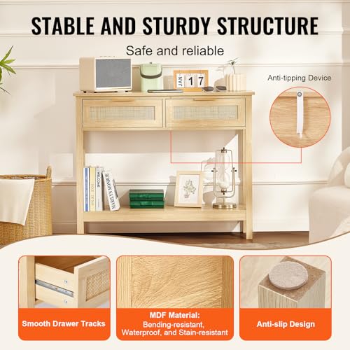 Natural Rattan Console Table with 2 Drawers | Entryway & Sofa Table - 2 Drawers