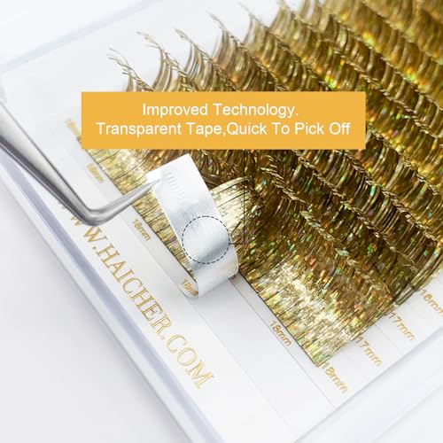 Colored Lash Extensions CC Curl 9-18mm Mixed Lash Trays, Holographic Lash Tinsel for Eyelash Extension (Gold, Volume)