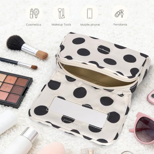 Women’s Nylon Makeup Bag with Built-In Mirror - Polka Dot Travel Organizer, Lightweight & Waterproof, White