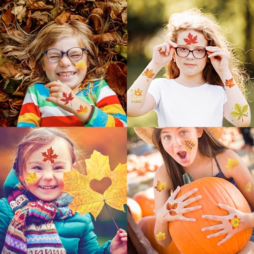 HOWAF 72pcs Glitter Fall Leaves Temporary Tattoos Autumn Harvest Tattoos Stickers for Kids Girls Boys Decor, Glittery Maple Leaves Fake Tattoo Autumn Leaf Face Tattoos for Fall Gift Bags Fillers