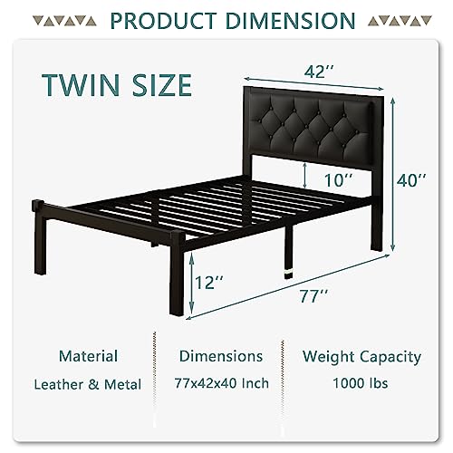 Feonase Twin Size Metal Bed Frame with Faux Leather Headboard, Storage, Black - No Box Spring Needed