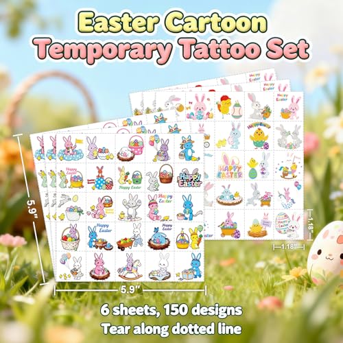 Easter Tattoos - 150 PCS Temporary Tattoo Stickers with Bunny & Easter Egg Designs, Spring Party Favors & Basket Stuffers for Holiday Celebrations