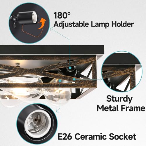 Rustic Black Farmhouse Ceiling Light - 23 Inch 6-Light Metal Cage Fixture, Flush Mount, E26 Base