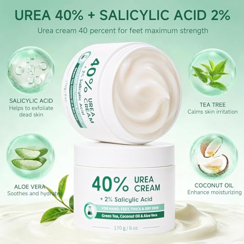 Urea Cream 40% for Feet with Salicylic Acid, Callus & Cracked Heel Care - 6 OZ Pack of 3