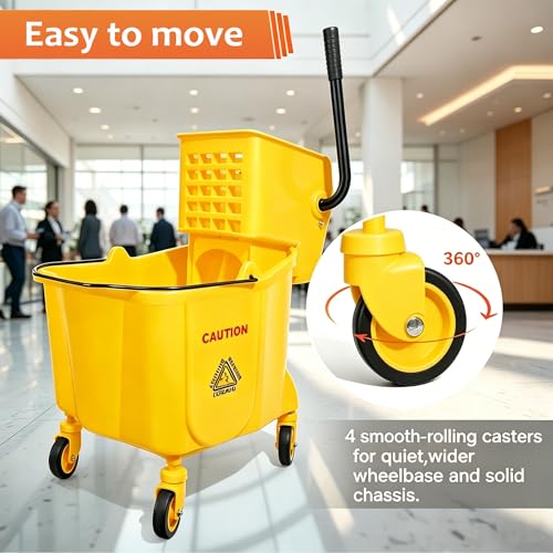 35 Qt Commercial Mop Bucket with Side-Press Wringer on Wheels & Wet Floor Sign