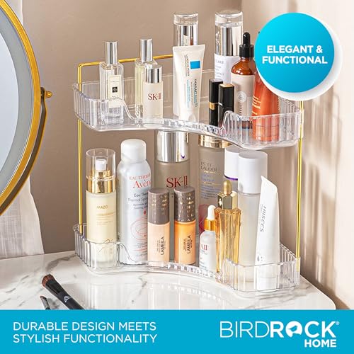 Corner Cosmetic Organizer with Clear Shelves & Gold Hardware - 2-Tier Vanity Storage