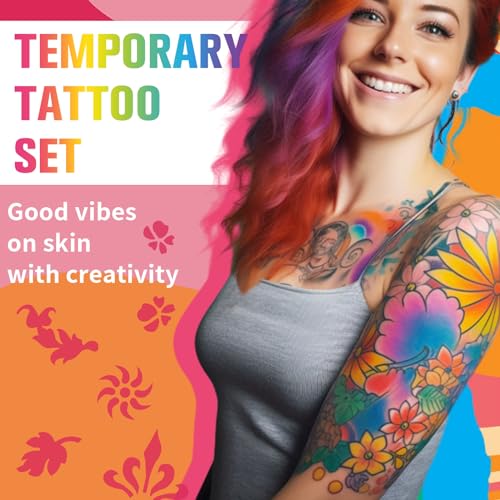Temporary Tattoo Markers for Skin, 15 Dual Tip Fake Tattoo Pens ? Glitter, Matte, Neon Glow Body Marker with 50 Paint Stencils & 43 Stickers, Washable Markers for Teens & Adlut