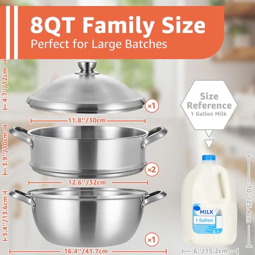 8 Quart Stainless Steel 3-Tier Steamer Pot with Lid - Silver, 30cm Capacity