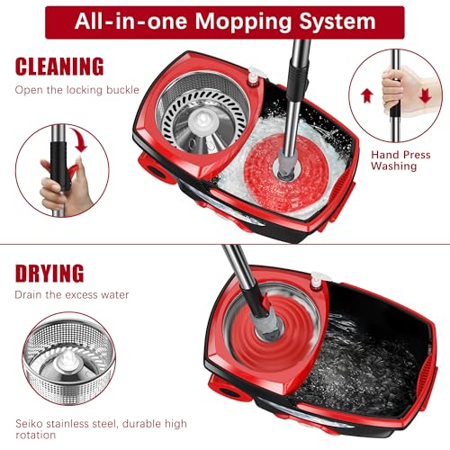 RinseWise Large Spin Mop Bucket Set with Wringer & 6 Microfiber Heads, 2 Gal, Black - Includes 6 Mop Heads