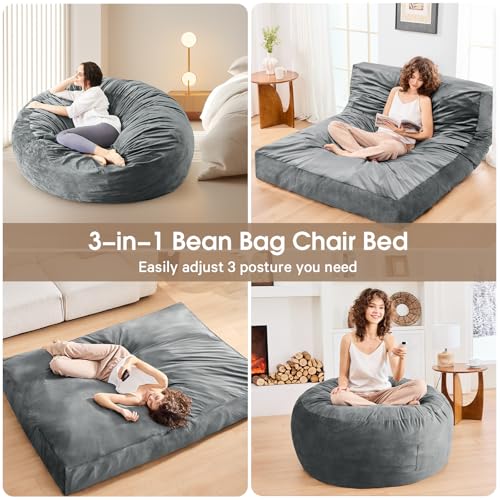 Adult Charcoal Bean Bag Chair Bed - Convertible Floor Sofa with Support & Soft Cover