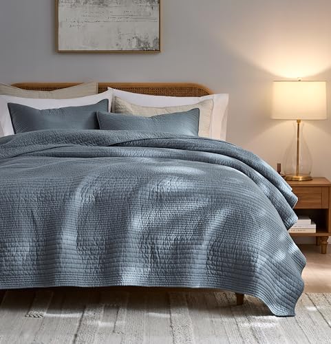 Palassio Blue Grey Striped Cotton Quilt Set California King Bedding with 2 Shams