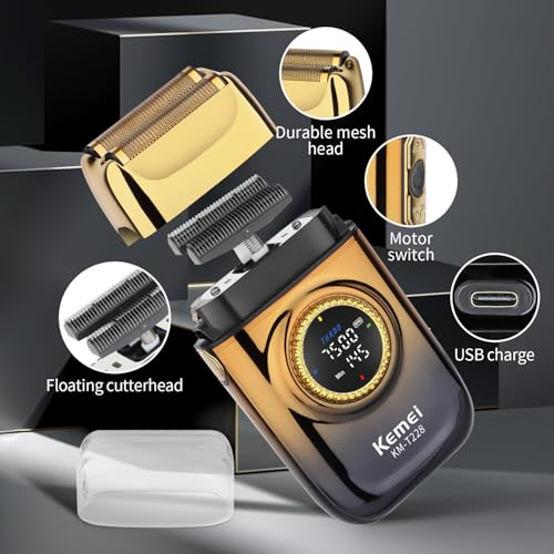 KEMEI KM-T228 Foil Shaver, Electric Razor for Men with Round Large LED Display (Motor Speed & Remaining Time), 3-Speed (6500/7000/7500 RPM), USB-C Charging, Dual Foil & Blade Heads, Travel Razor Men