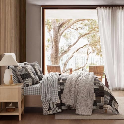 Queen Reversible Cotton Quilt Set with Shams - Antique Brown