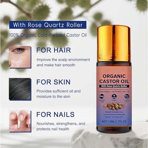 Organic Castor Oil Roll-On with Rose Quartz Roller for Hair & Skin - 1pcs