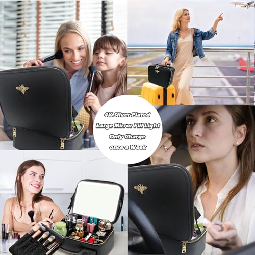 Pure Black Travel Makeup Bag with Light Up Mirror, Waterproof, Rechargeable