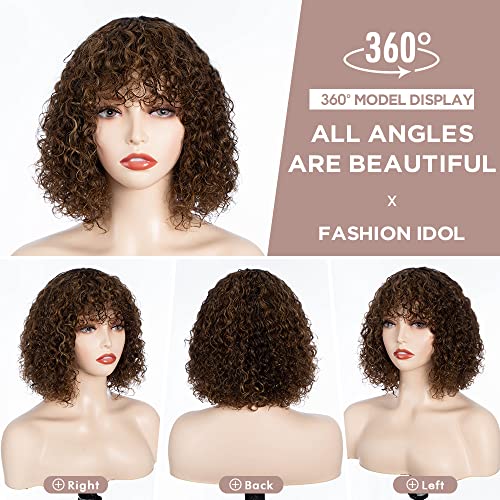 10 Inch Curly Human Hair Wig with Bangs for Black Women Brown & Gold