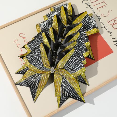 6 Pack Large Glitter Gold and Black Cheer Bows - Rhinestone Hair Accessories for Cheerleaders, Sports Teams, Girls, 8 Inch