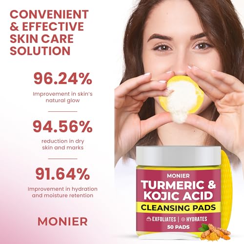 Turmeric Kojic Acid Cleansing Pads for Face Dark Spots - Hydrates & Plumps Skin - With Vitamin C & E - Sensitive Skin Friendly (50 Pads)