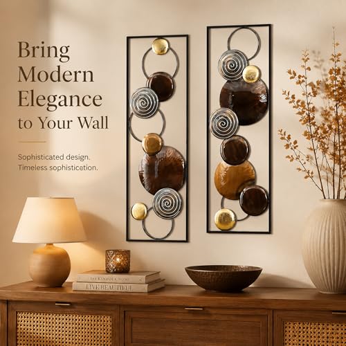 Brown Metal Wall Art Set of 2 for Home Decor - Geometric 3D Rustic Wall Hangings