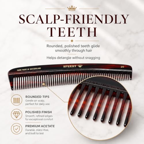 Speert #20 Handmade Swiss Tortoise Acetate Wide Tooth Hair Comb for Thick & Curly Hair - Variation #20