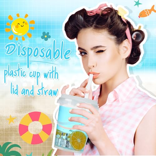 Funnymoom 100 Pack 34 oz Clear Plastic Drink Buckets with Lids & Straws for Events