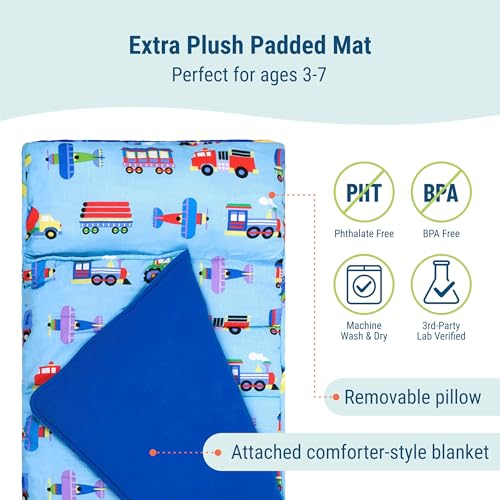 Wildkin Nap Mat with Pillow & Blanket - Trains, Planes, and Trucks Preschool Rest Mat