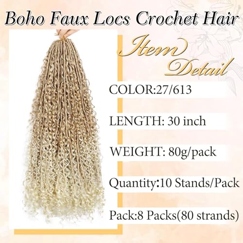 27/613 Faux Locs Crochet Hair for Black Women - 30 Inch, 8 Packs Pre-Looped, Curly Ends