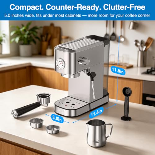XIXUBX Silver Espresso Machine with Milk Frother - 20-Bar, Steam Wand, Compact