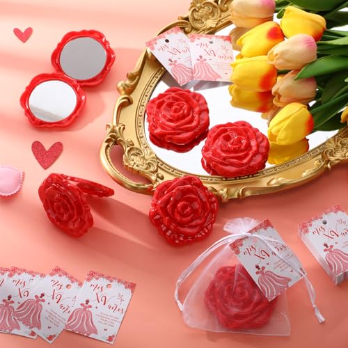 Red Rose Quinceañera Party Favors Set - 50 Compact Mirrors & Accessories
