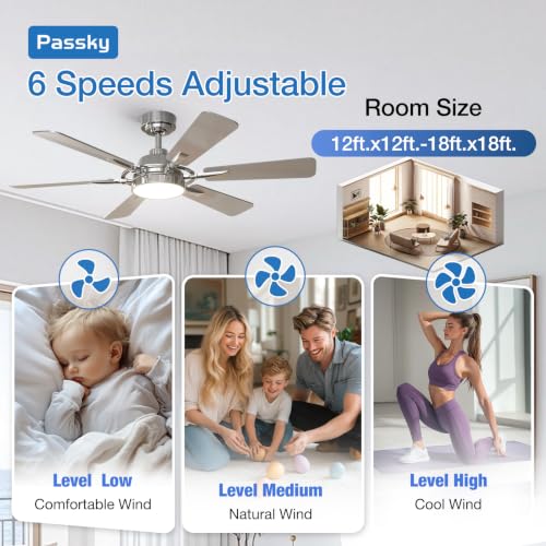 Passky 52 Inch Nickel Ceiling Fan with Lights & Remote - Modern 6-Blade Design