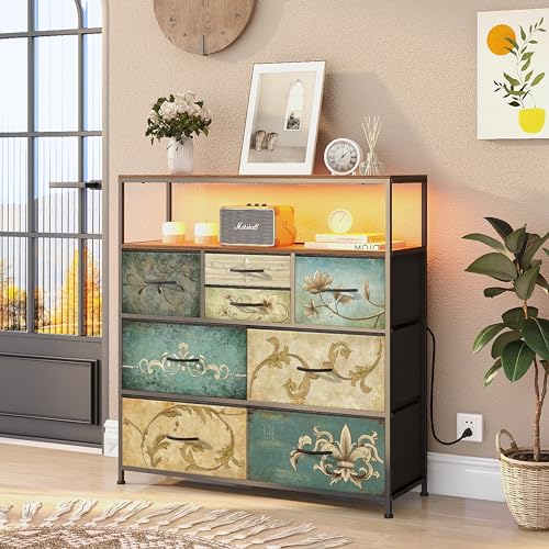 TV Stand with Power Outlet LED Light and 6 Drawers - Rustic Wooden Top, 39.4" Wide - Variation of THIS listing
