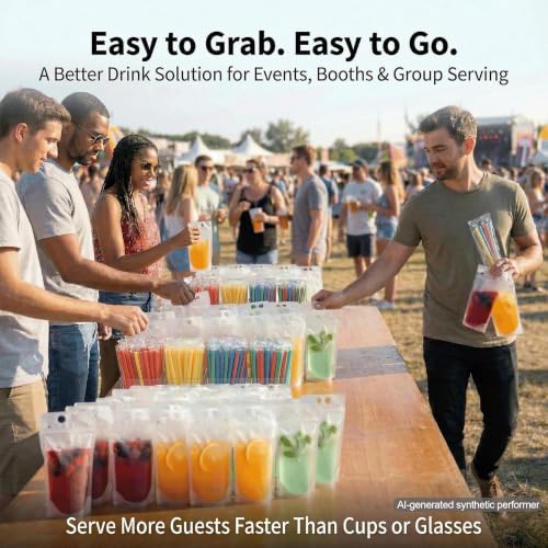 400pcs Drink Pouches with Side Straw Port, 17oz Stand-Up Beverage Bags & Individually Wrapped Straws - Bulk Party Drink Supplies (Pack of 1)