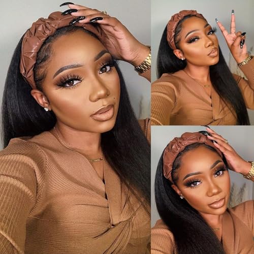 20 Inch Kinky Straight Human Hair Headband Wig for Black Women - Natural Brazilian Virgin Hair, Glueless, Tangle-Free, Styleable