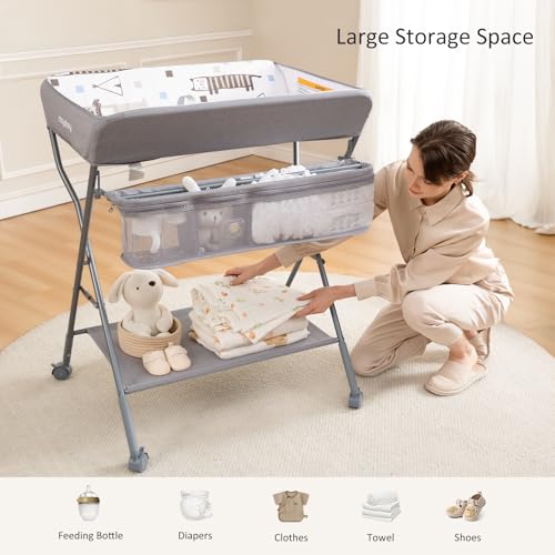 Maydolly Baby Changing Table with Wheels - Light Grey Portable Adjustable Diaper Station & Storage Rack