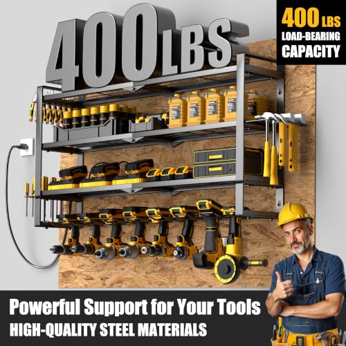 32 Inch Power Tool Wall Mount Organizer with Charging Station - Heavy Duty 4-Tier Metal Rack with Surge Power Strip and 8 Drill Holders
