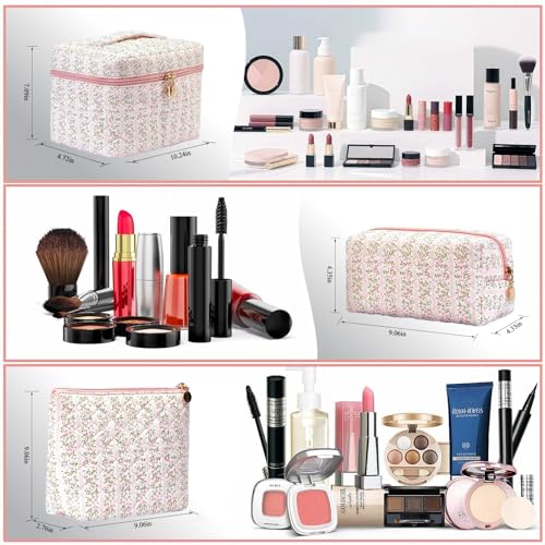 Pink Floral Quilted Makeup Bag Set - 3PCS Cosmetic Travel Organizer for Women & Girls - Variation of Pink Floral
