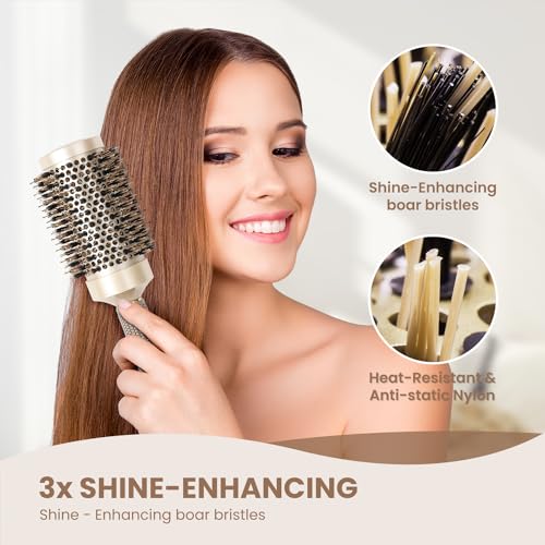 Round Hair Brush Set for Blow Drying and Styling - Boar Bristle & Ceramic Coated