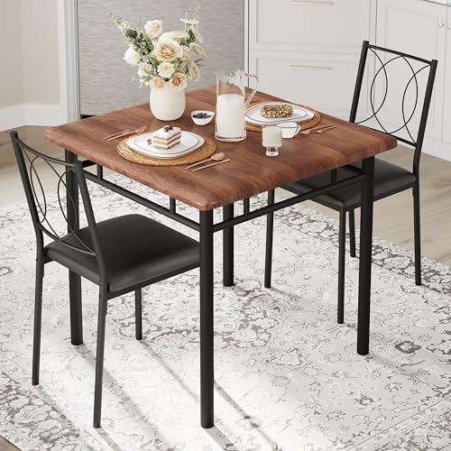Walnut Small Dining Table Set for 2 with Upholstered Chairs - Space-Saving Kitchen Furniture