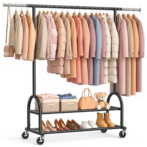 EAGMAK Black Heavy Duty Rolling Clothes Rack with 2 Shelves, Adjustable