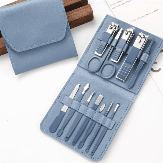 12-Piece Professional Nail Clipper Set - Stainless Steel Manicure & Pedicure Kit with Folding Case, Complete Nail Care Tools (Blue)