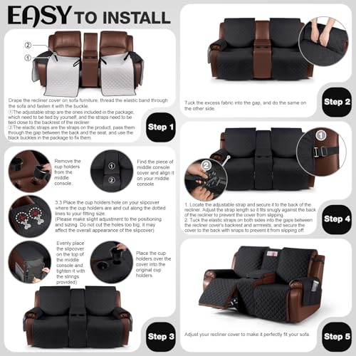 KinCam Waterproof Loveseat Recliner Cover Black 2 Seater with Console