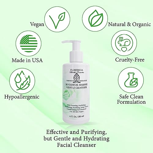 Florencia Botanical Marine Gentle Cleanser - Non-Foaming, Hydrating, Oil-Free Face Wash for Dry to Normal Skin - With Marine Algae & Organic Botanicals - Sensitive Skin, 6 oz