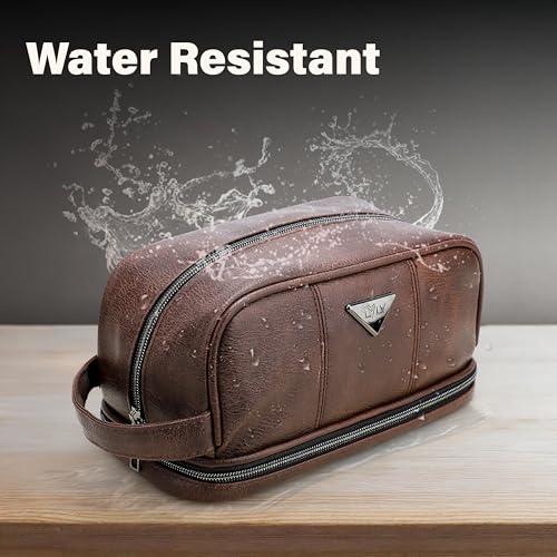 Emissary Leather Travel Toiletry Bag for Men - Brown Waterproof Dopp Kit
