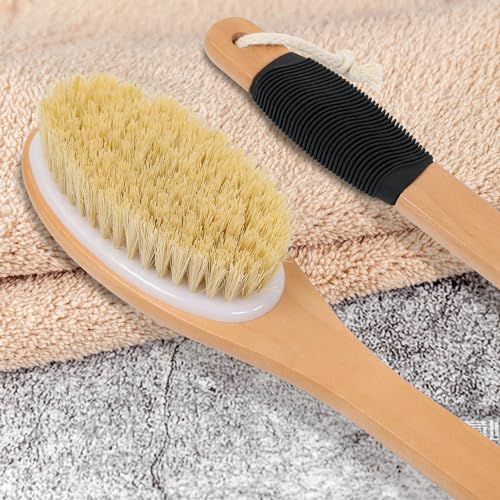 OWIIZI Extra Stiff Back Scrubber Brush for Shower - Long Wooden Handle Body Exfoliator