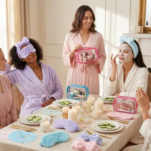 Hoteam 36-Piece Sleepover Party Supplies with Pink, Blue, Purple Headbands Eye Masks & Cosmetic Bags