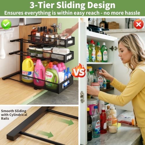 Under Sink Organizer 3-Tier Heavy Duty Pull Out Shelf - Black 2 Pack