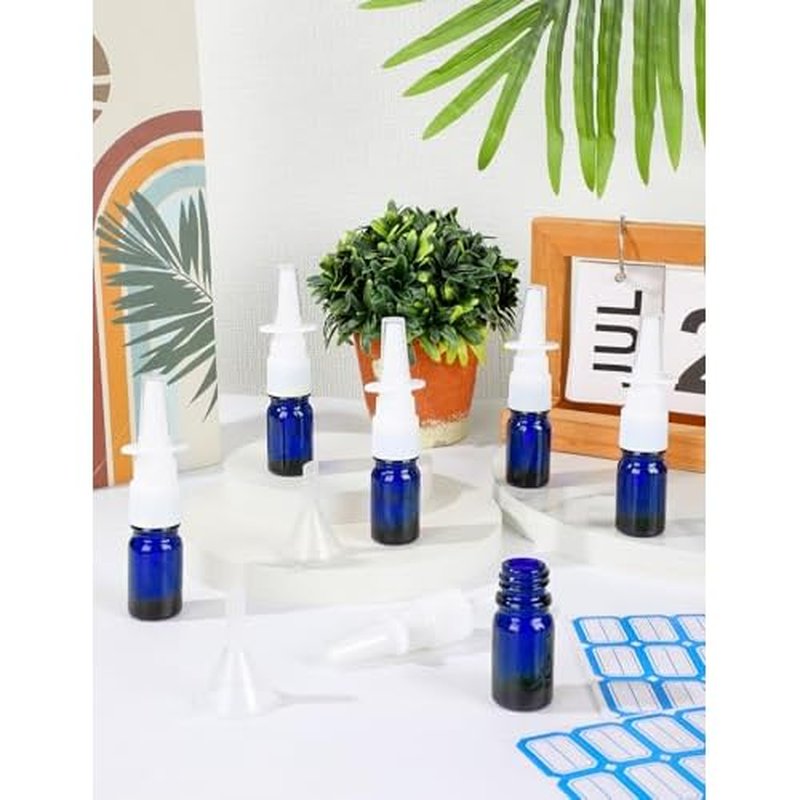 20 Pcs Nasal Spray Bottle, 5ML/0.17OZ 12 Pcs Blue Glass Refillable Nasal Spray Bottles Empty with 4 Funnels and 4 Labels